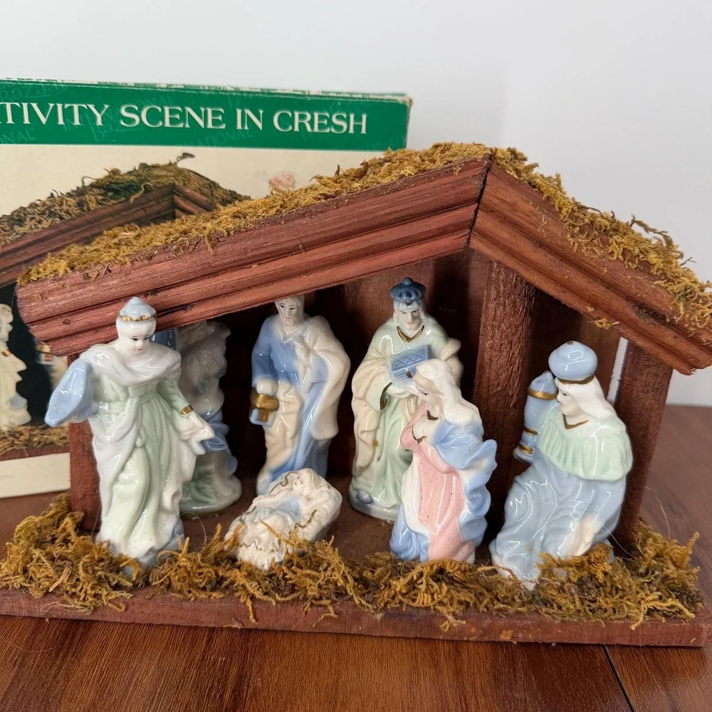 Pastel Porcelain Nativity Scene Wooden Stable Christmas Decor Holiday Display